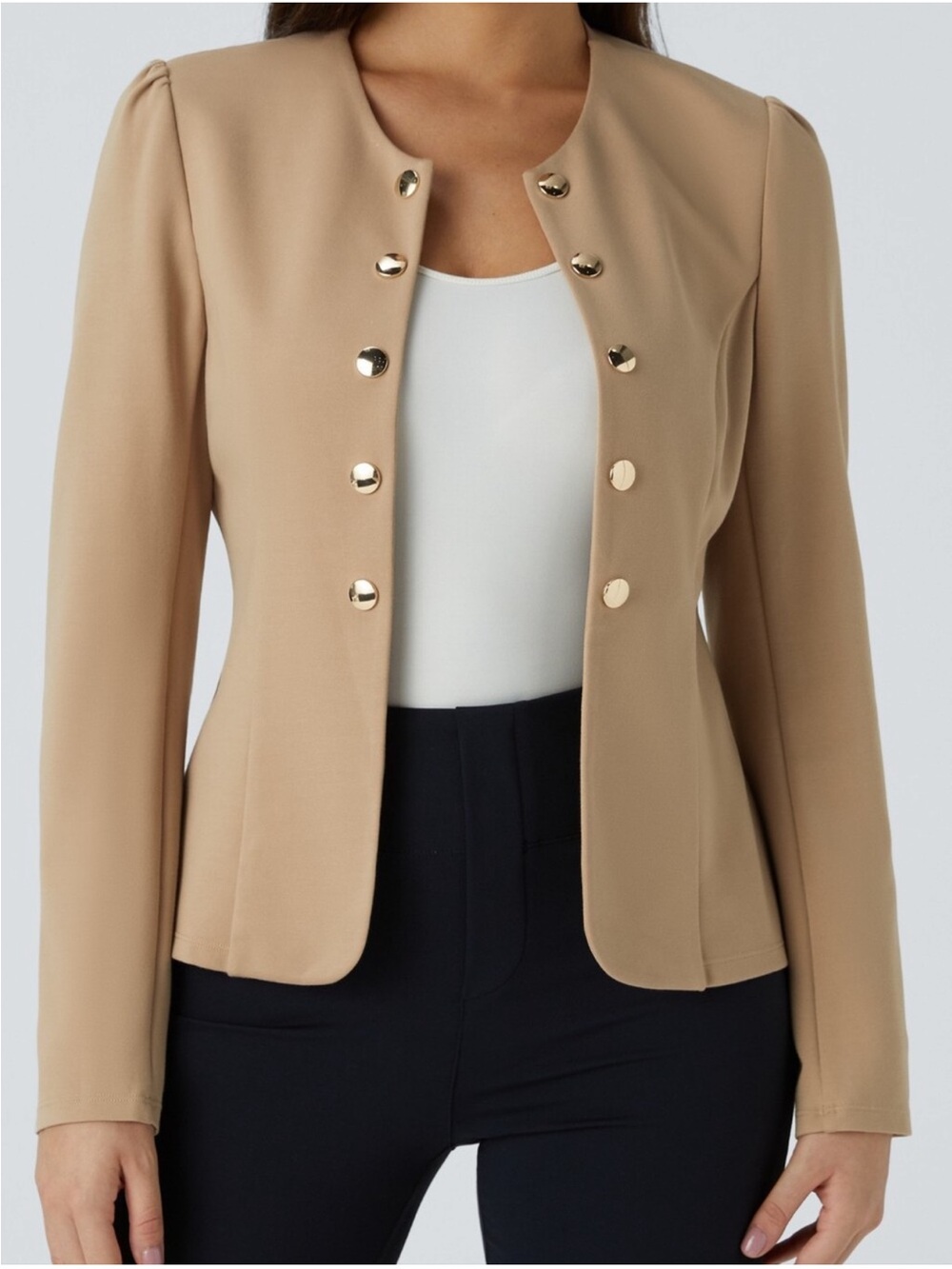 HALARA Tan Gold Button Collarless Open Blazer
